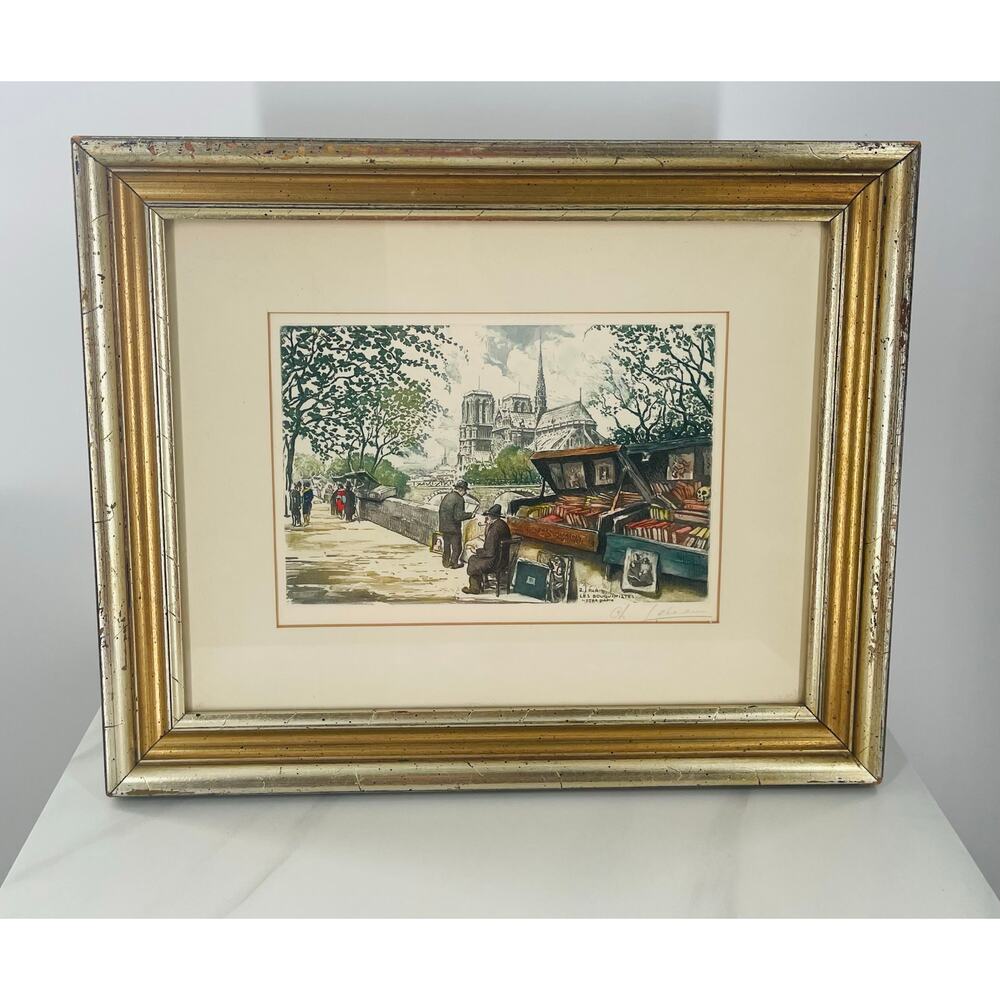 Vintage Chris Lebeau Hand Colored Etching Paris Les Bouquinistes Notre Dame